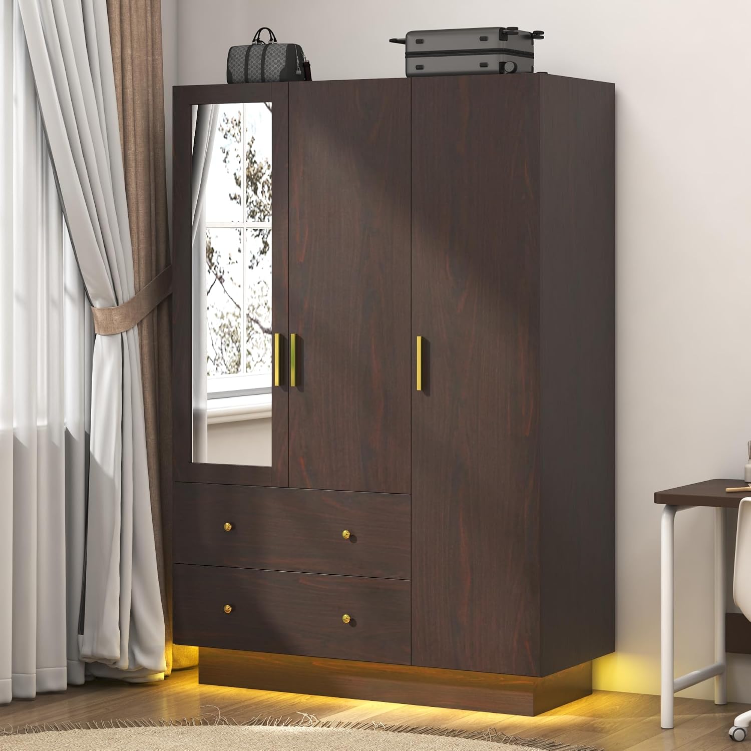 Brown Mirror LED 3-Door Wooden Wardrobe