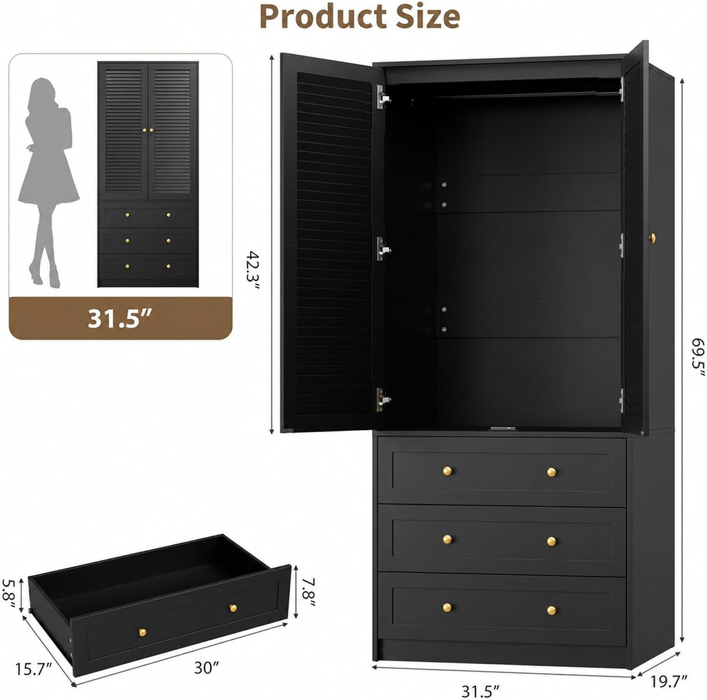 2-Door Wooden Wardrobe with Drawers & Hanging Rod