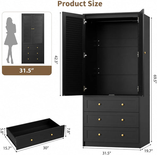 2-Door Wooden Wardrobe with Drawers & Hanging Rod