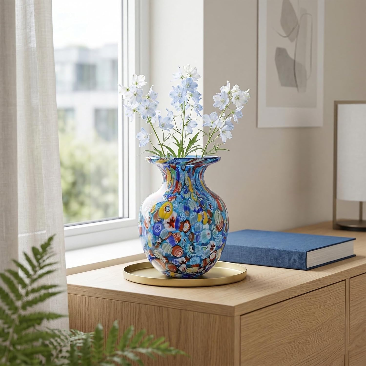 Blue Round Hand Blown Glass Flower Vase