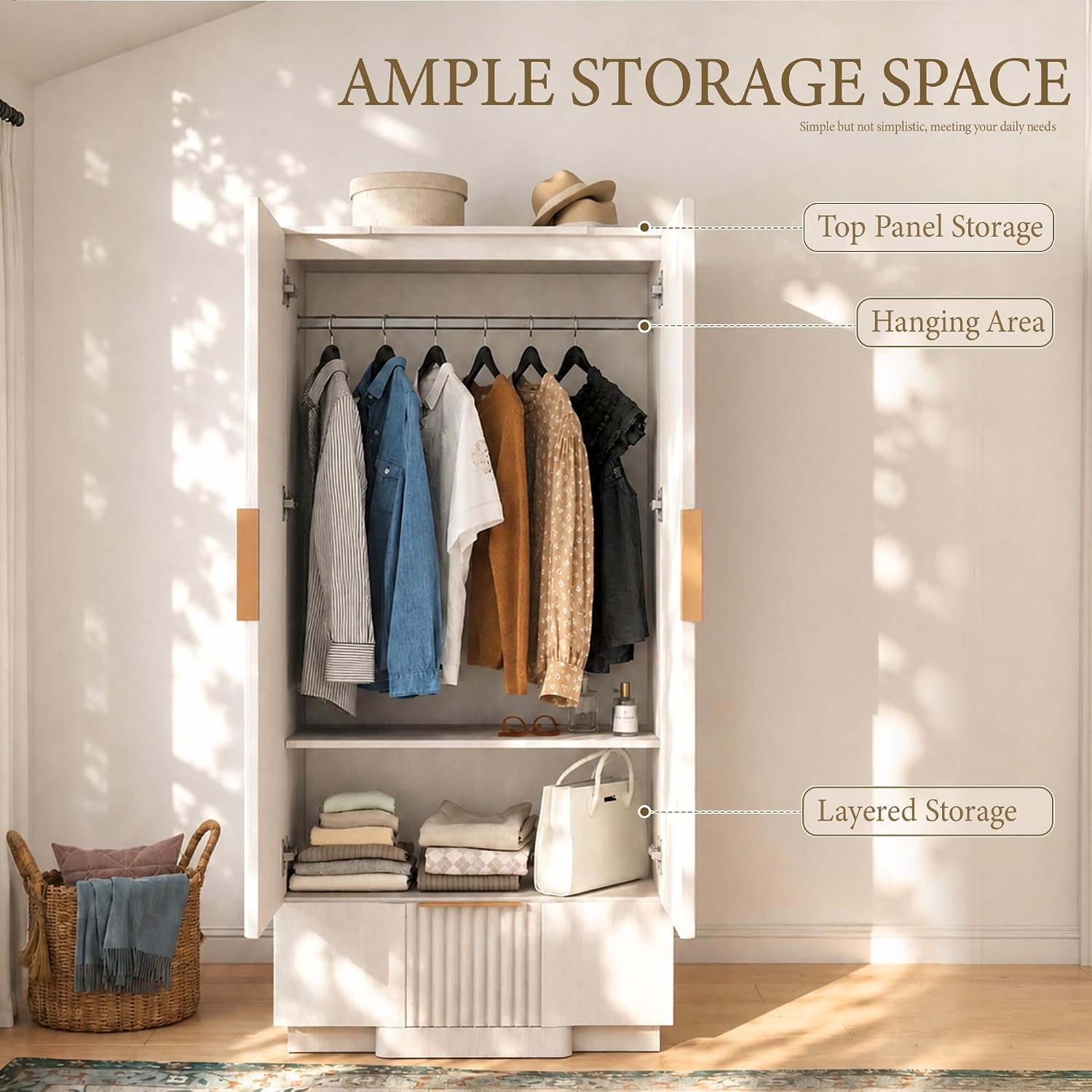 White Grey Fluted Wooden Wardrobe with Drawers