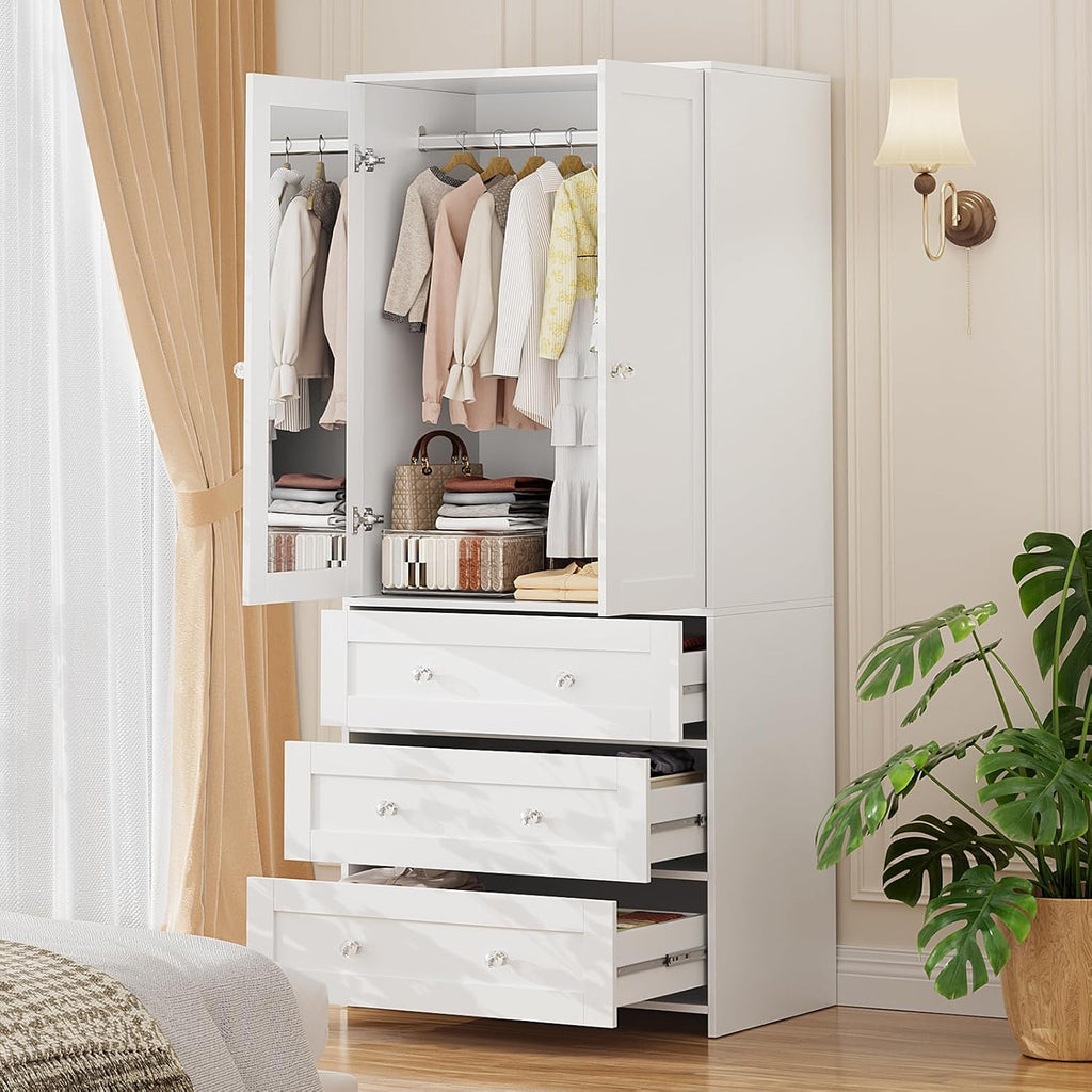 2-Door Mirror Wooden Wardrobe with Drawers & Rod