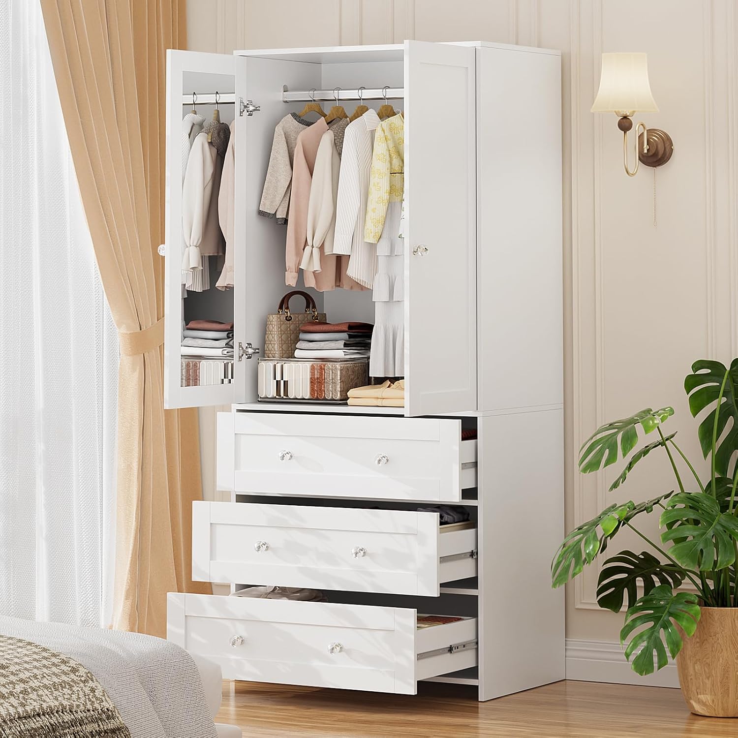 2-Door Mirror Wooden Wardrobe with Drawers & Rod