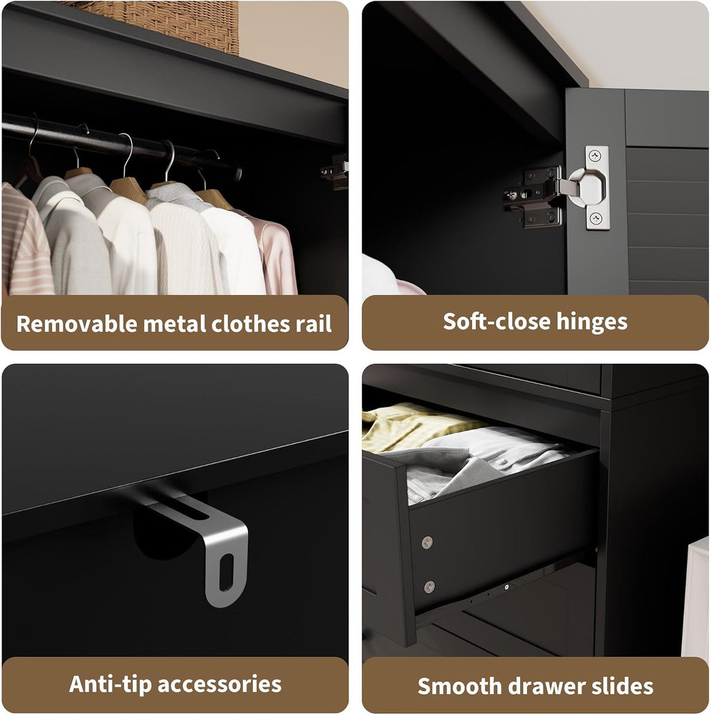 2-Door Wooden Wardrobe with Drawers & Hanging Rod