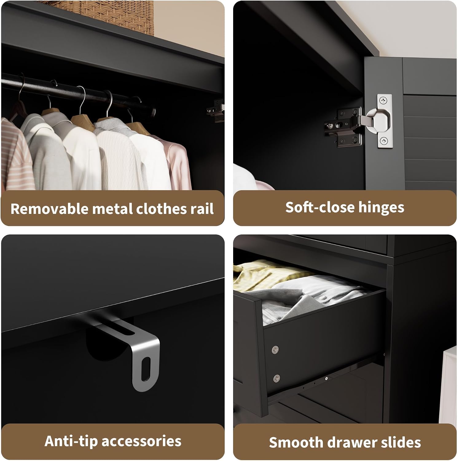 2-Door Wooden Wardrobe with Drawers & Hanging Rod
