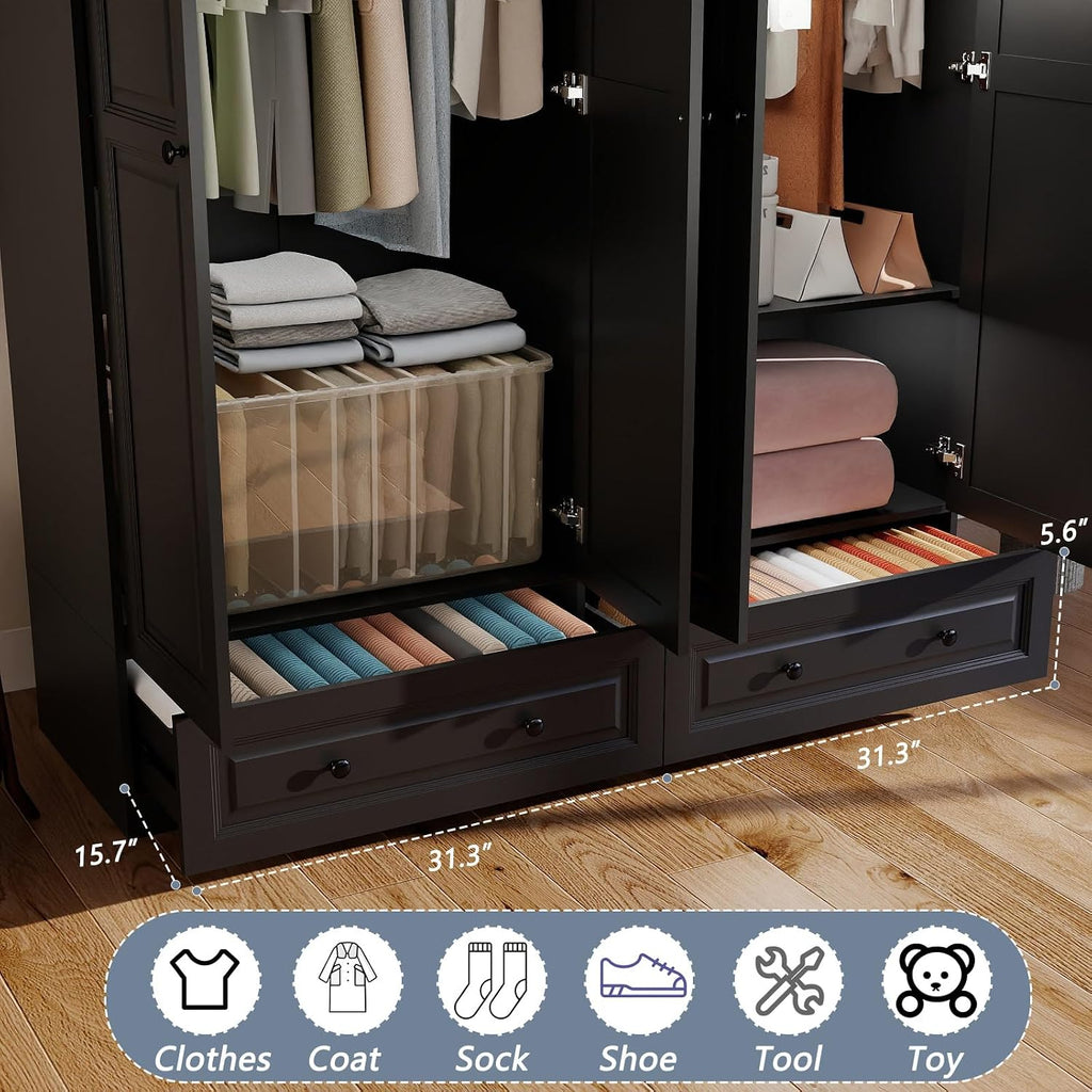 Black Tall Wardrobe Closet with Drawers