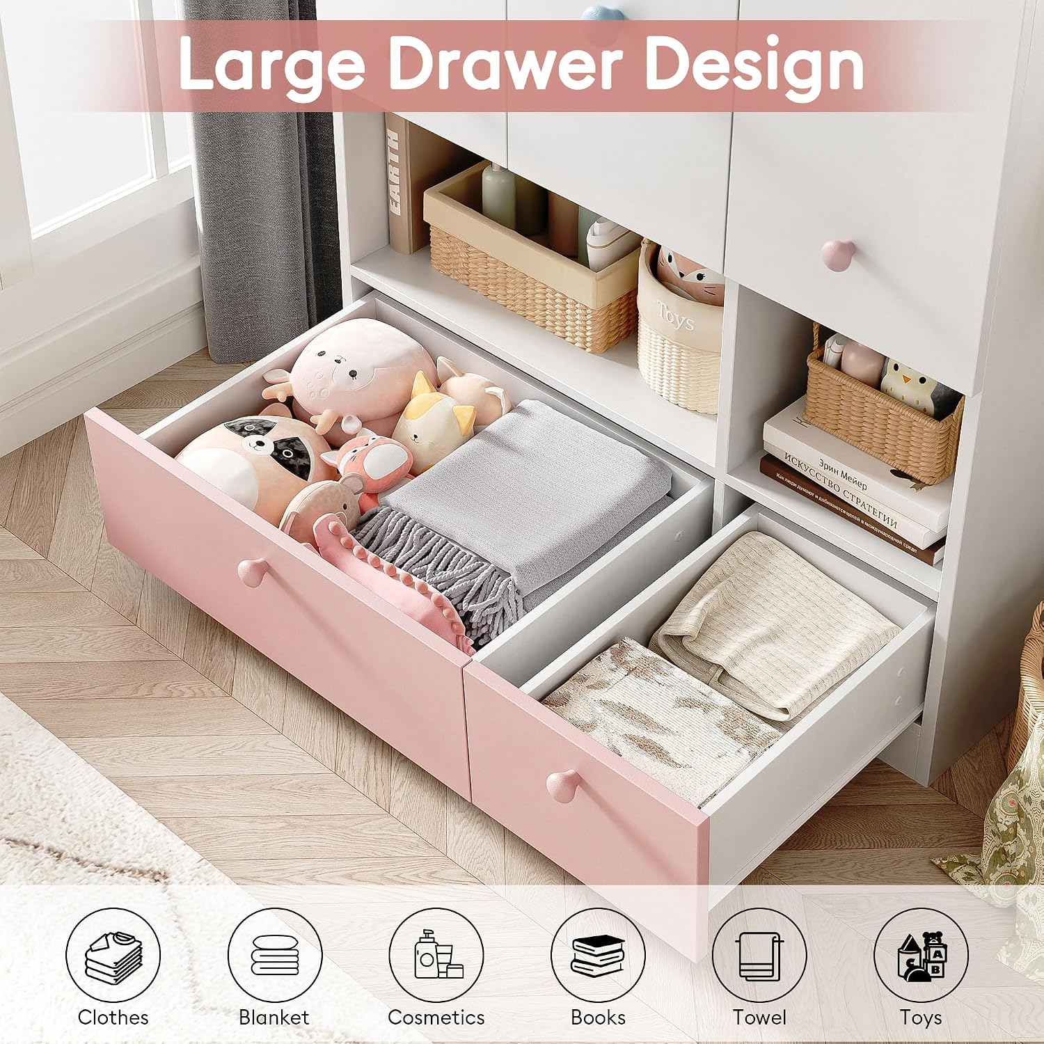 White 3-Door Wooden Wardrobe with Drawers & Rod