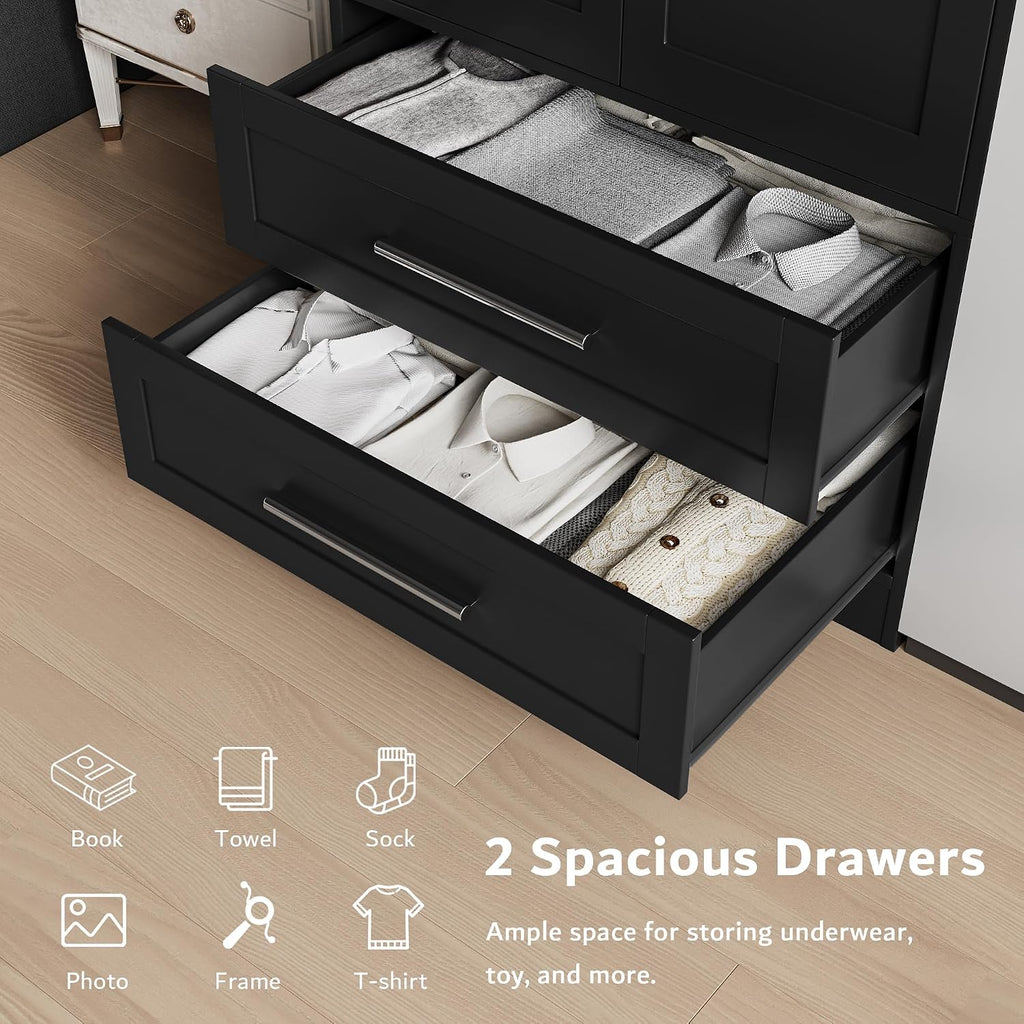 Black Wooden Wardrobe with Drawers & Aluminum Rod