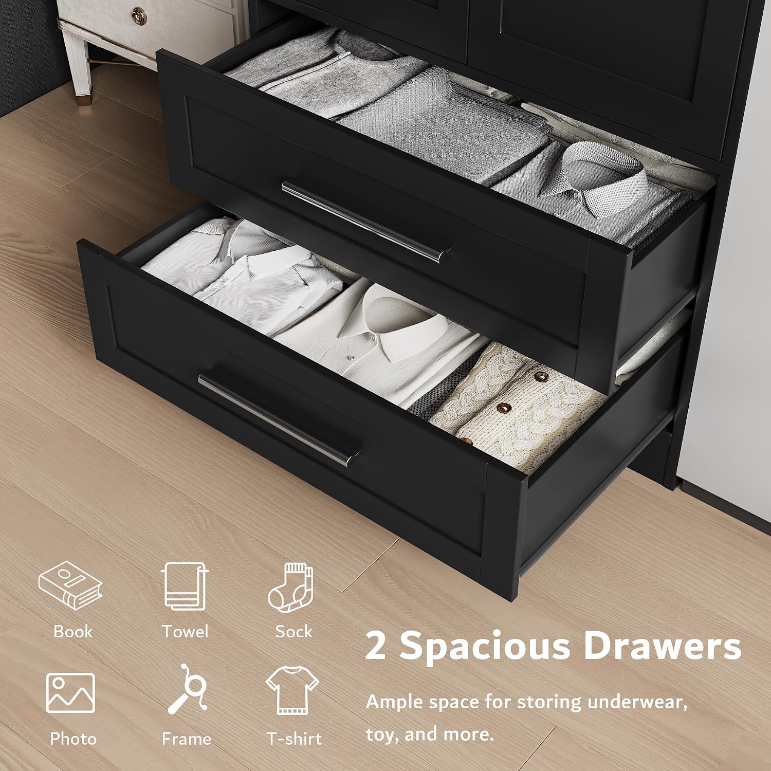 Black Wooden Wardrobe with Drawers & Aluminum Rod