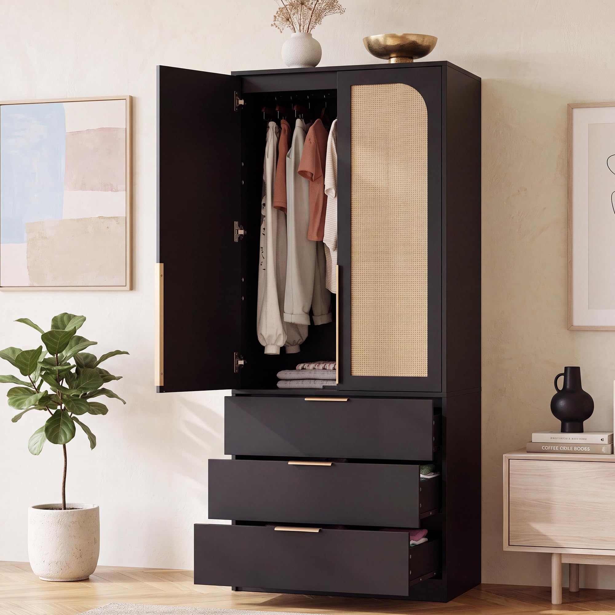 2-Door Wooden Wardrobe with Drawers & Hanging Rod
