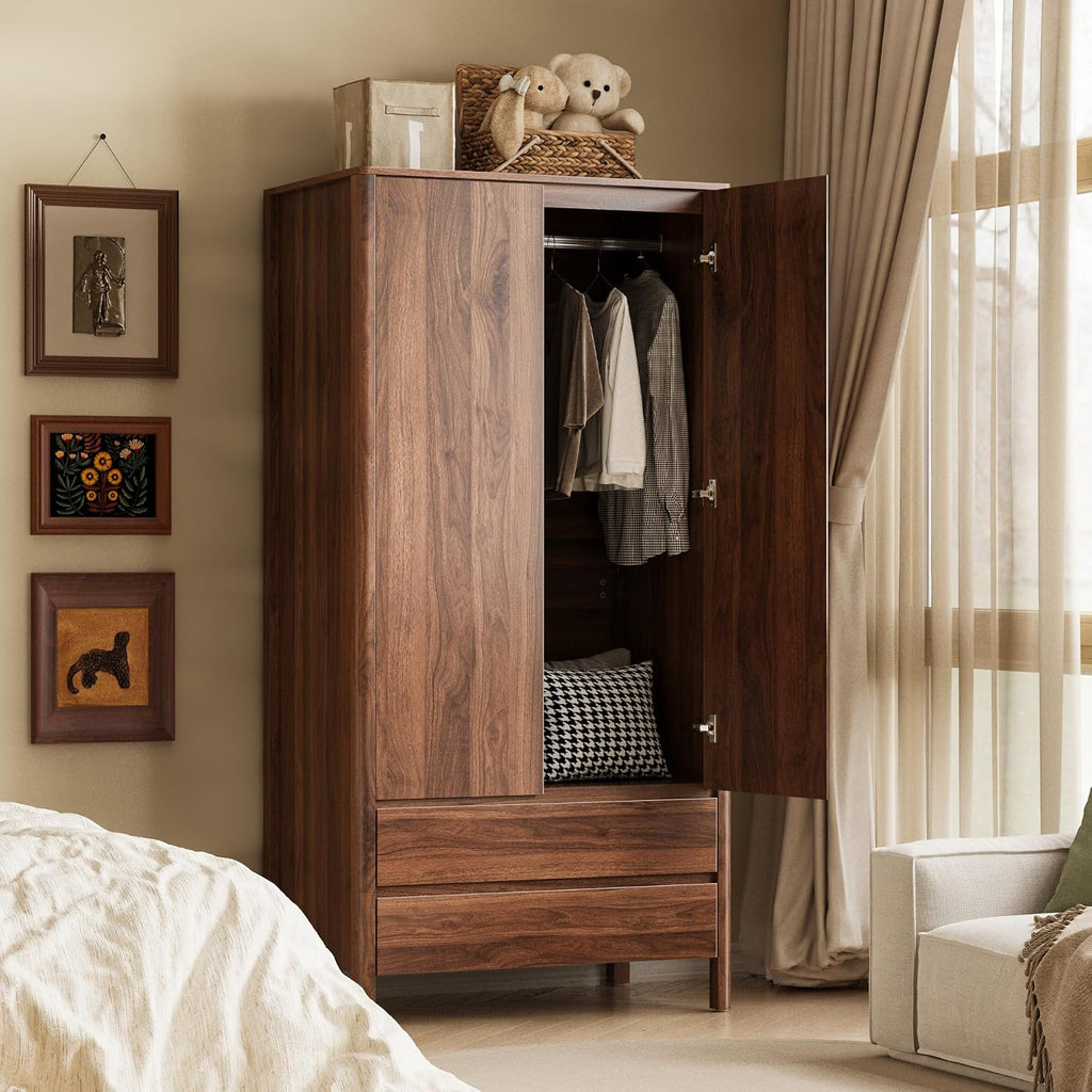 Walnut 2-Door Wardrobe with Drawers Hidden Handles