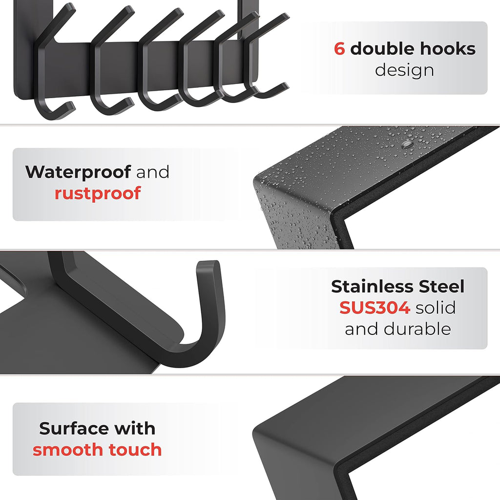6 Double Hooks Black Door Hanger 2 Pack