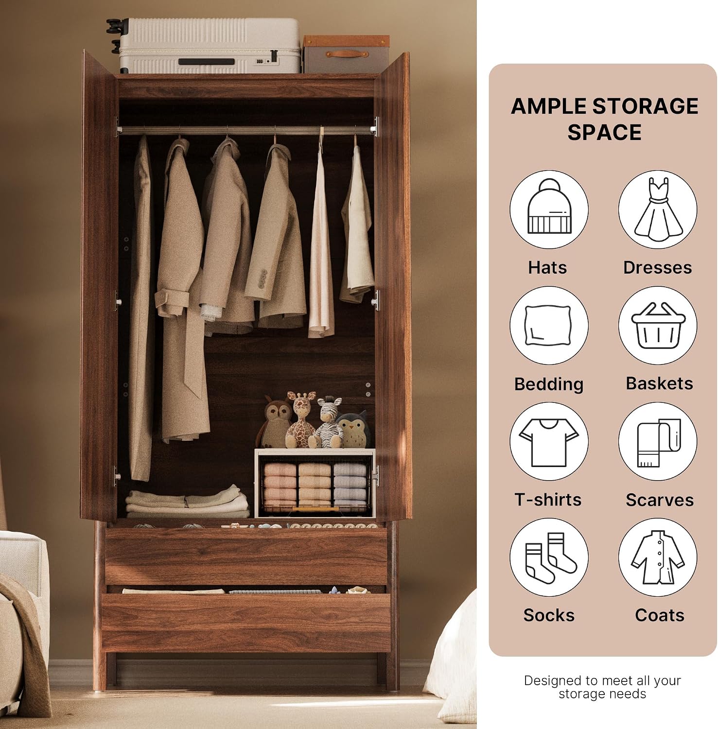 Walnut 2-Door Wardrobe with Drawers Hidden Handles