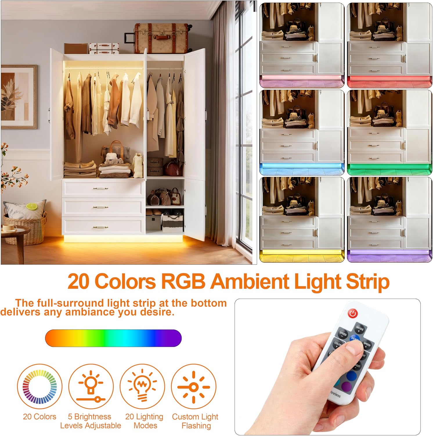 White LED 3-Door Wardrobe with Drawers & Rod