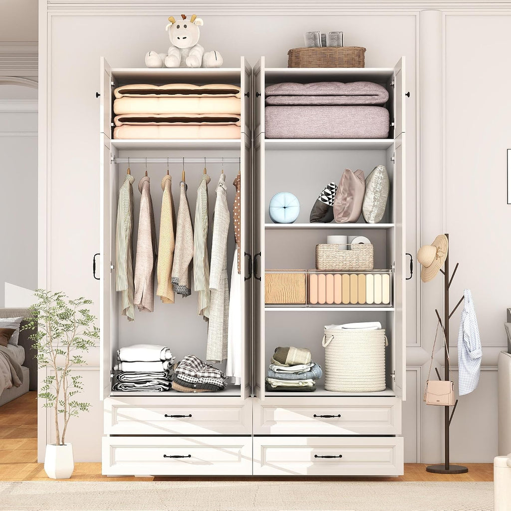 White Tall Wooden Wardrobe Closet with Drawers