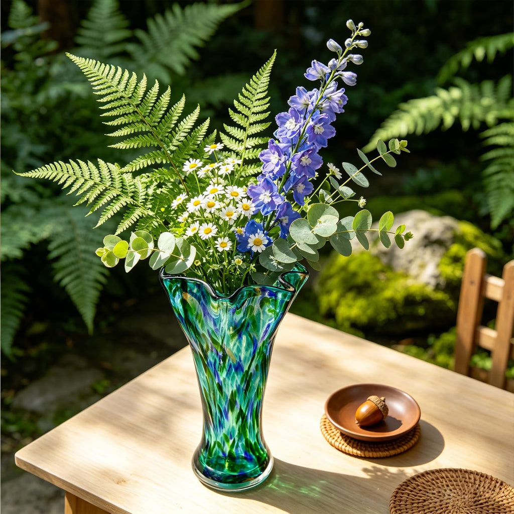 Tall Turquoise Hand Blown Glass Vase