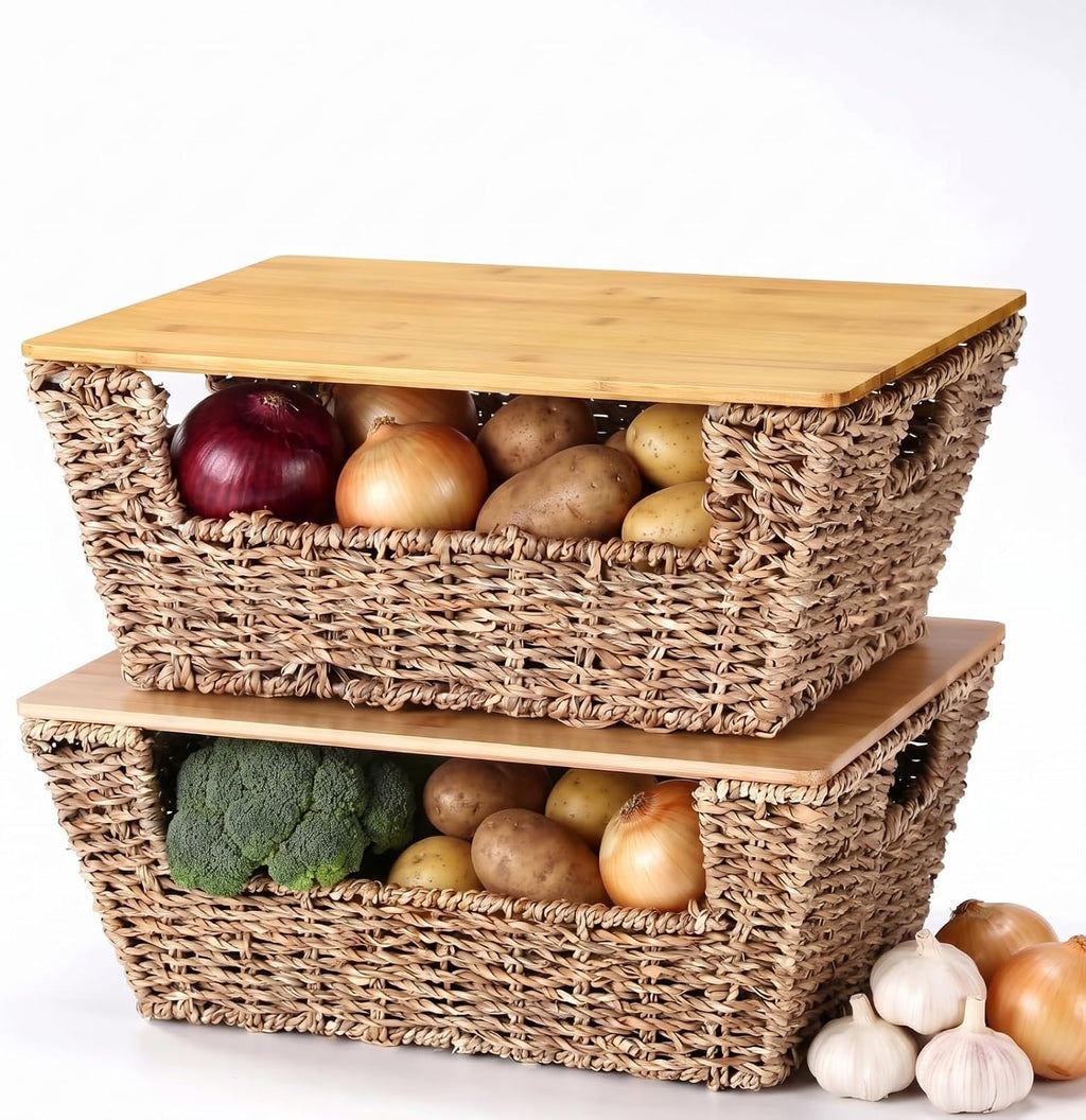 2 Pack Lidded Seagrass Storage Baskets