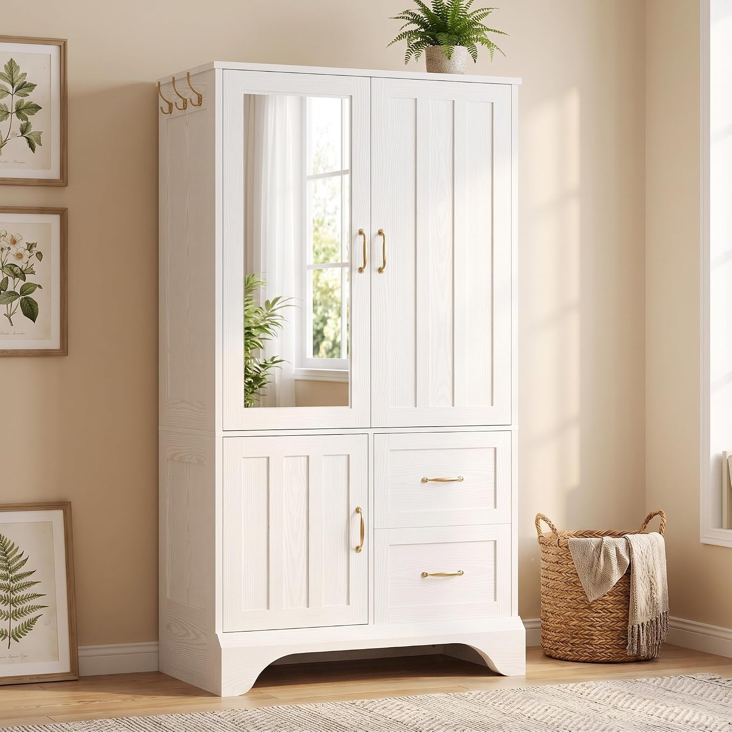 White Mirror 3-Door Wardrobe Armoire