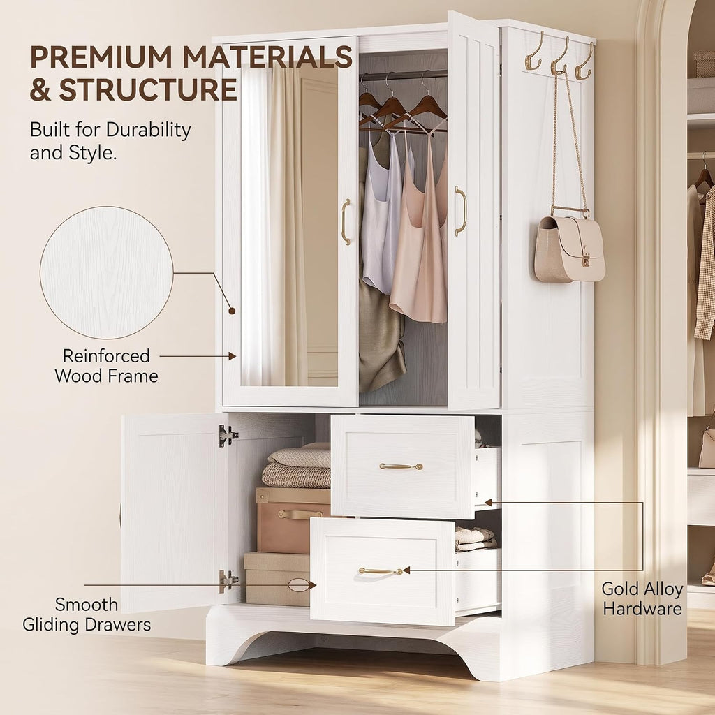 White Mirror 3-Door Wardrobe Armoire