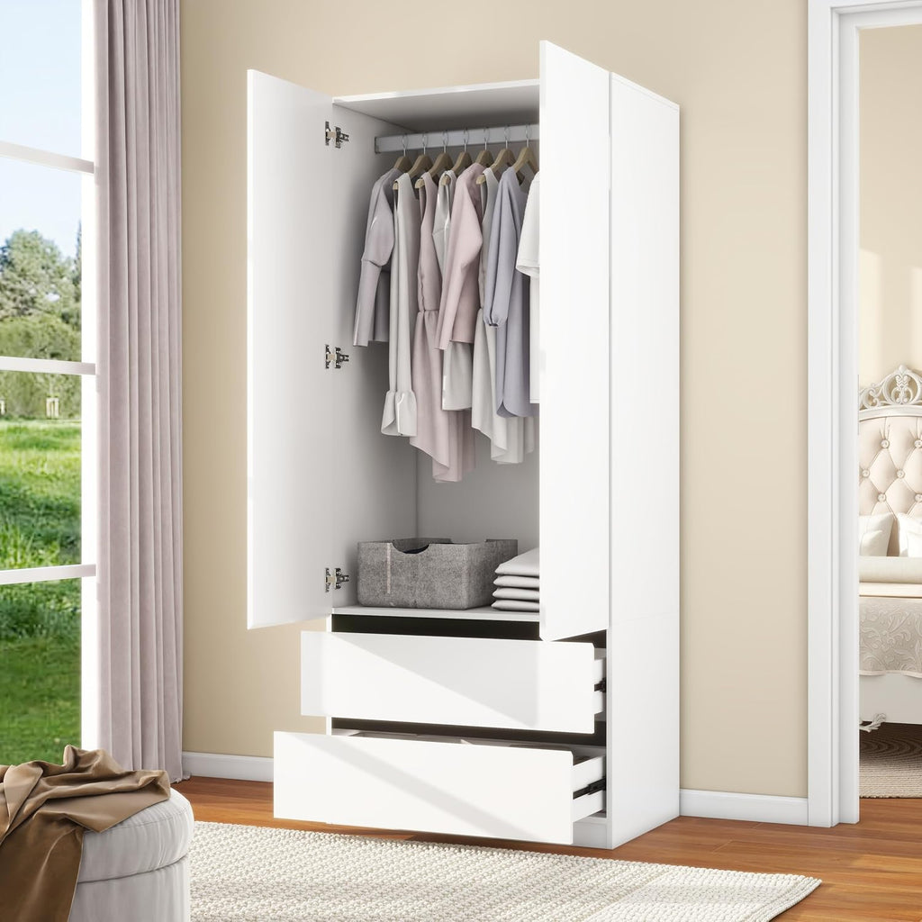 White Large Wooden Wardrobe with Drawers & Rod
