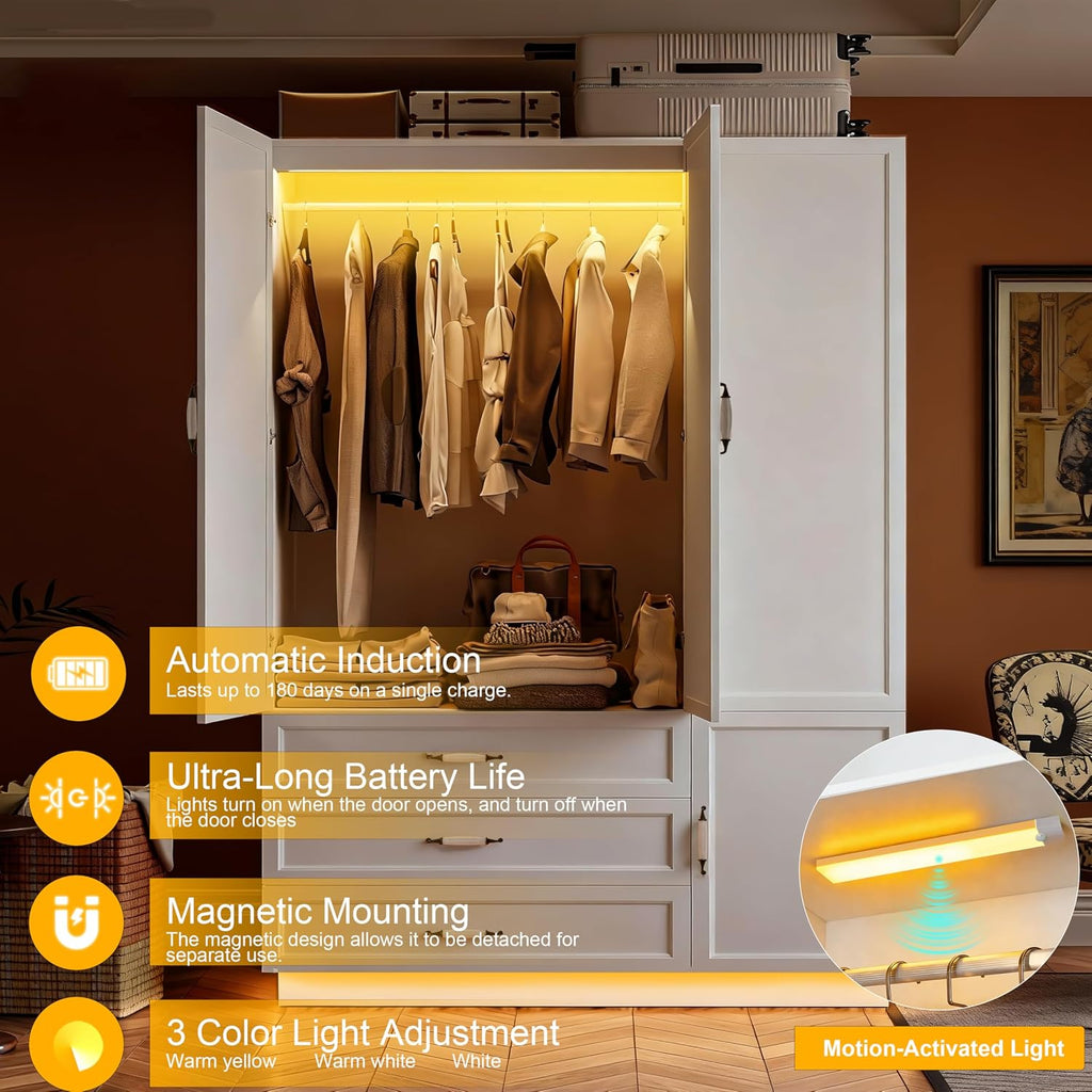 White LED 3-Door Wardrobe with Drawers & Rod