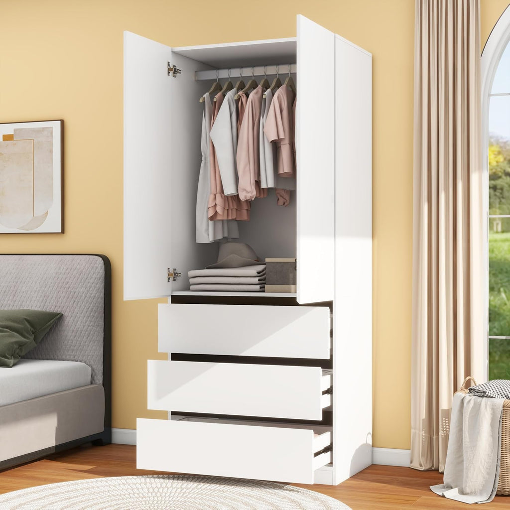 White 2-Door Wooden Wardrobe with Drawers & Rod