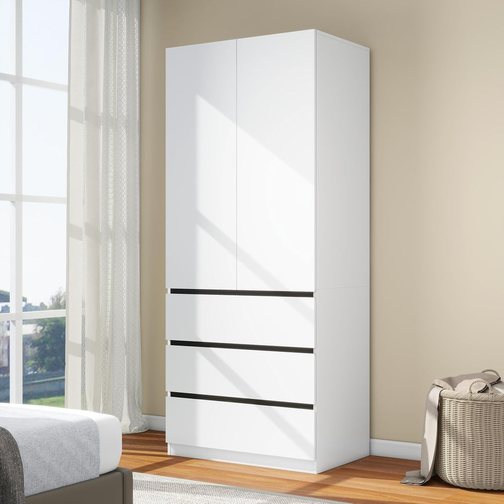 White 2-Door Wooden Wardrobe with Drawers & Rod