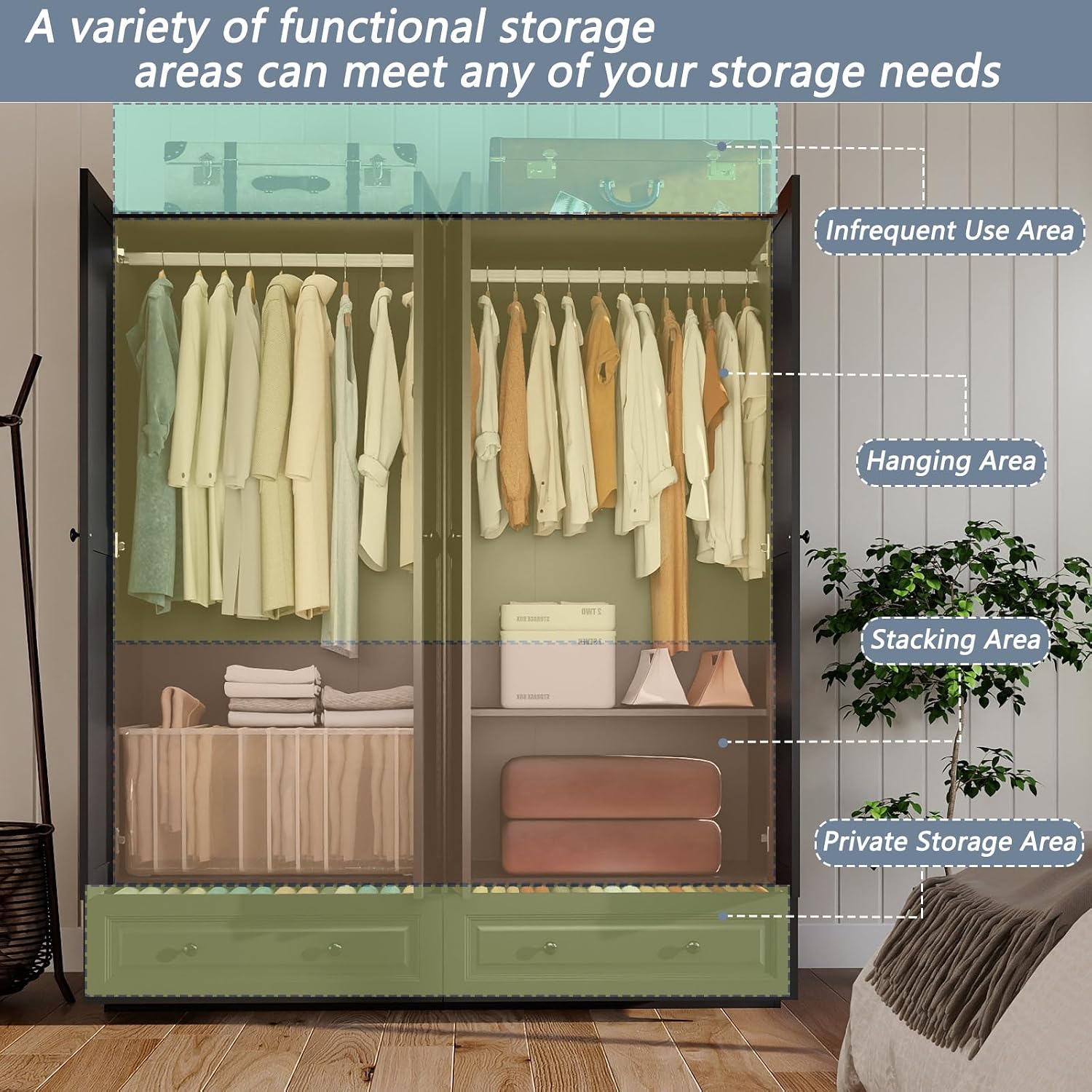Black Tall Wardrobe Closet with Drawers