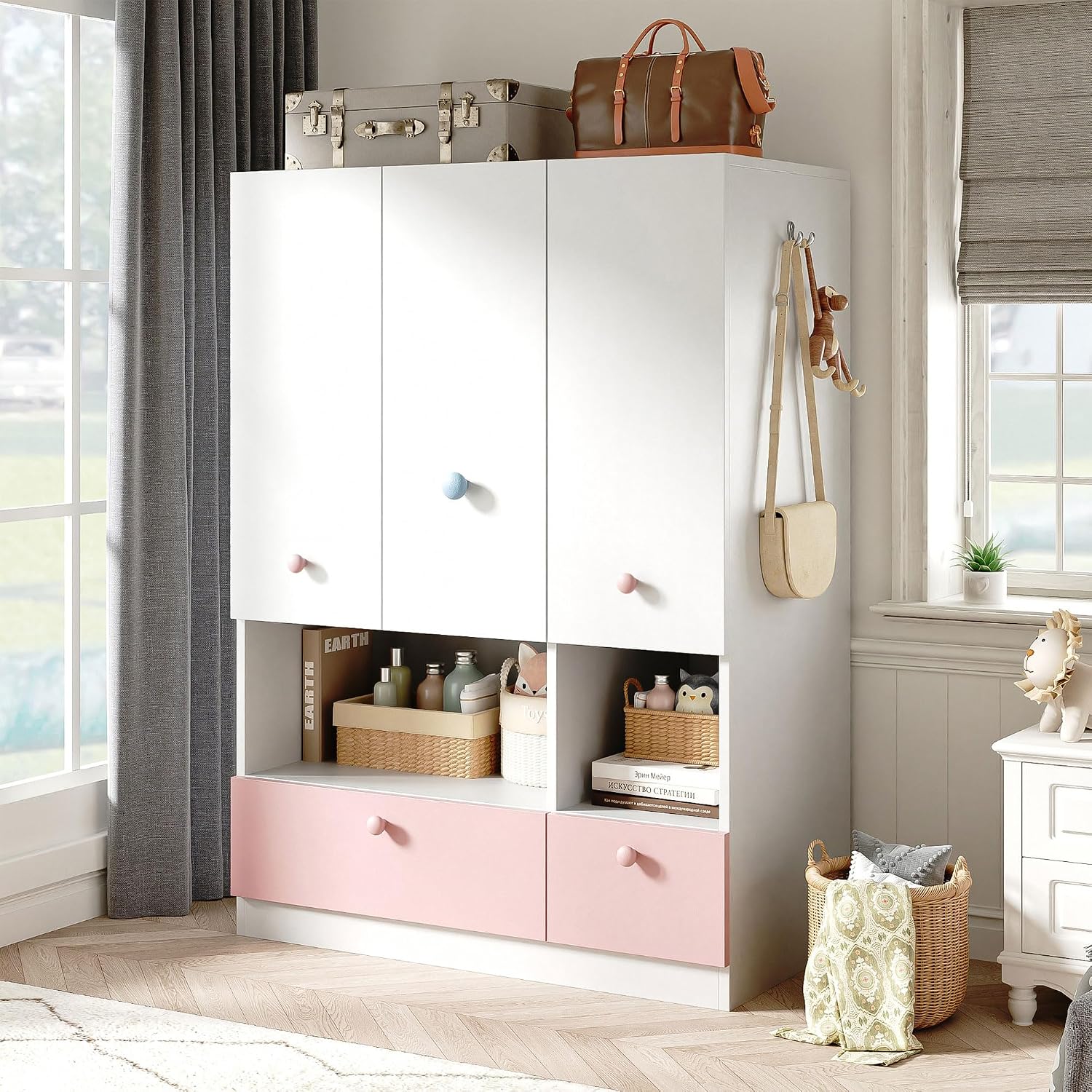 White 3-Door Wooden Wardrobe with Drawers & Rod