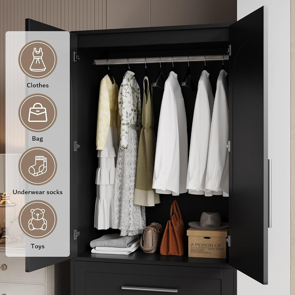 Black Wooden Wardrobe with Drawers & Aluminum Rod