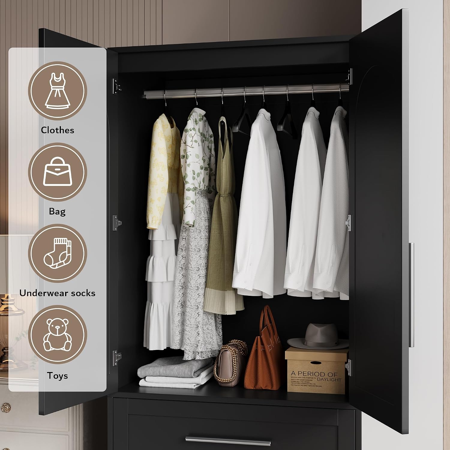 Black Wooden Wardrobe with Drawers & Aluminum Rod