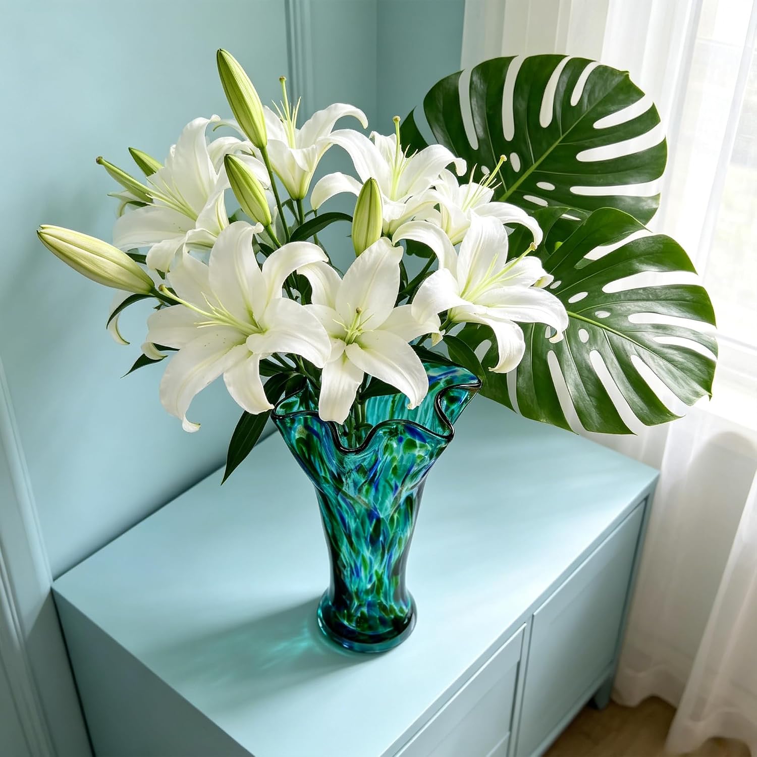 Tall Turquoise Hand Blown Glass Vase
