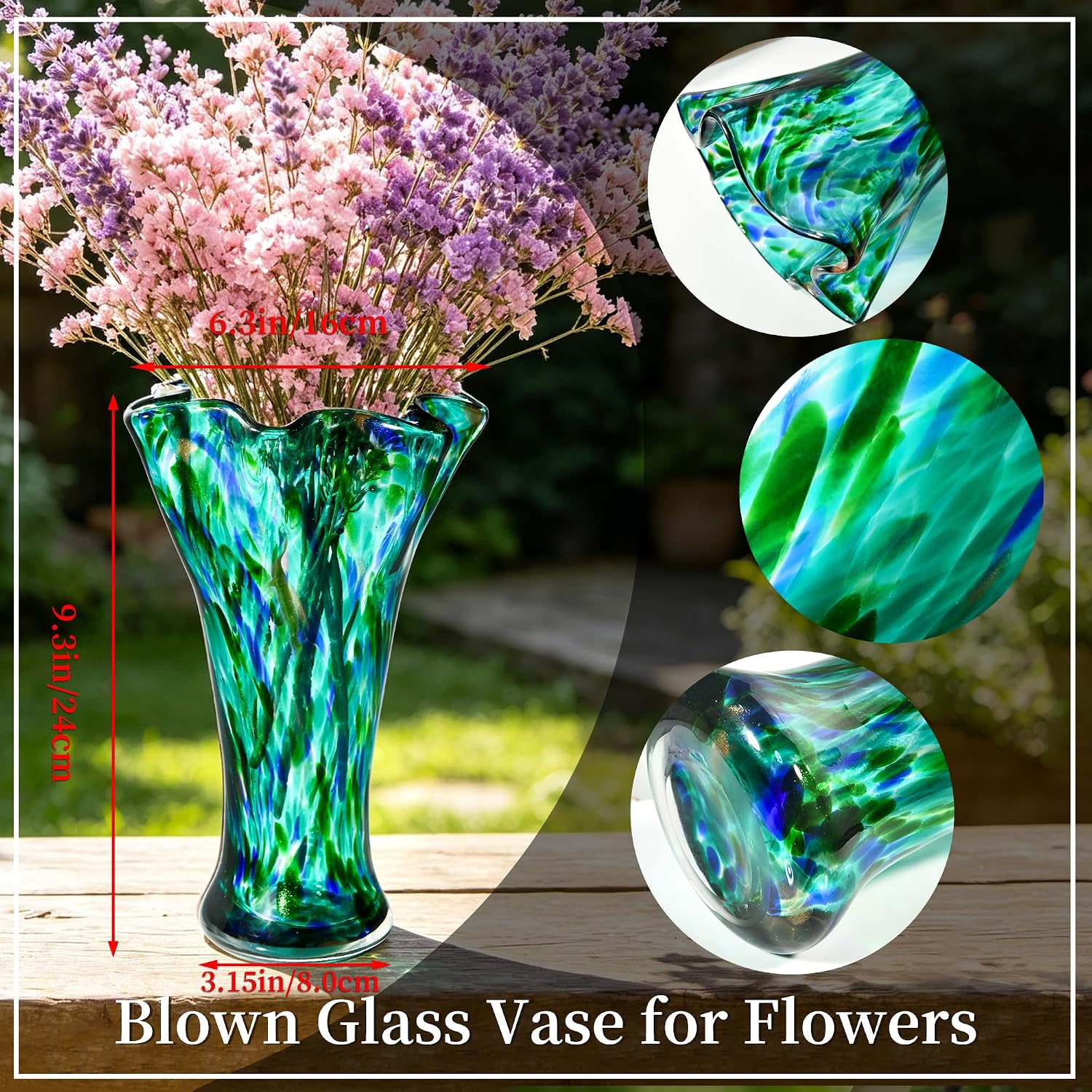 Tall Turquoise Hand Blown Glass Vase