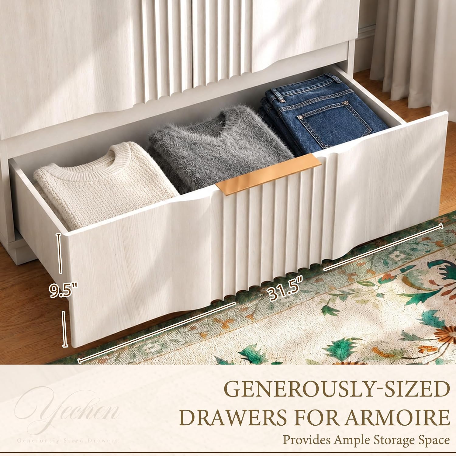 White Grey Fluted Wooden Wardrobe with Drawers