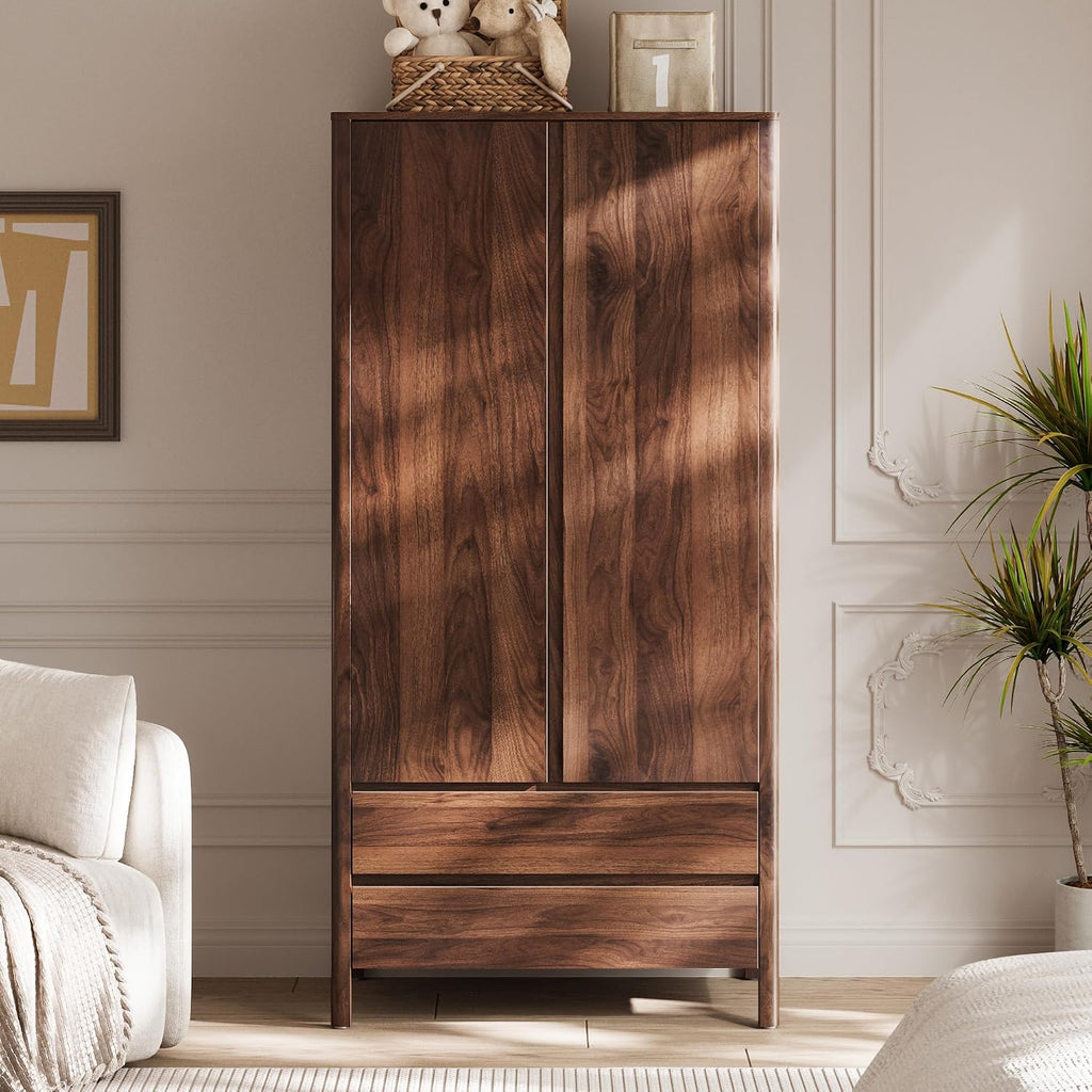 Walnut 2-Door Wardrobe with Drawers Hidden Handles