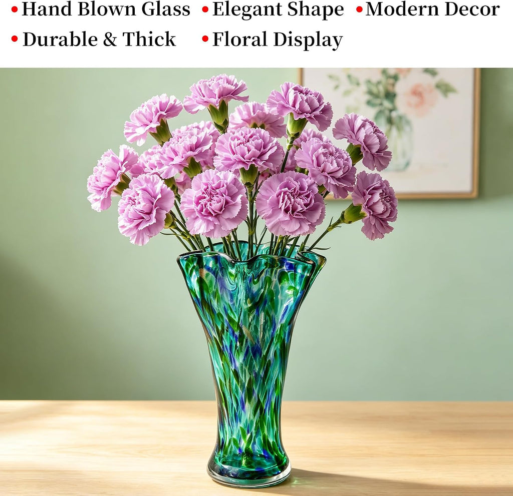 Tall Turquoise Hand Blown Glass Vase