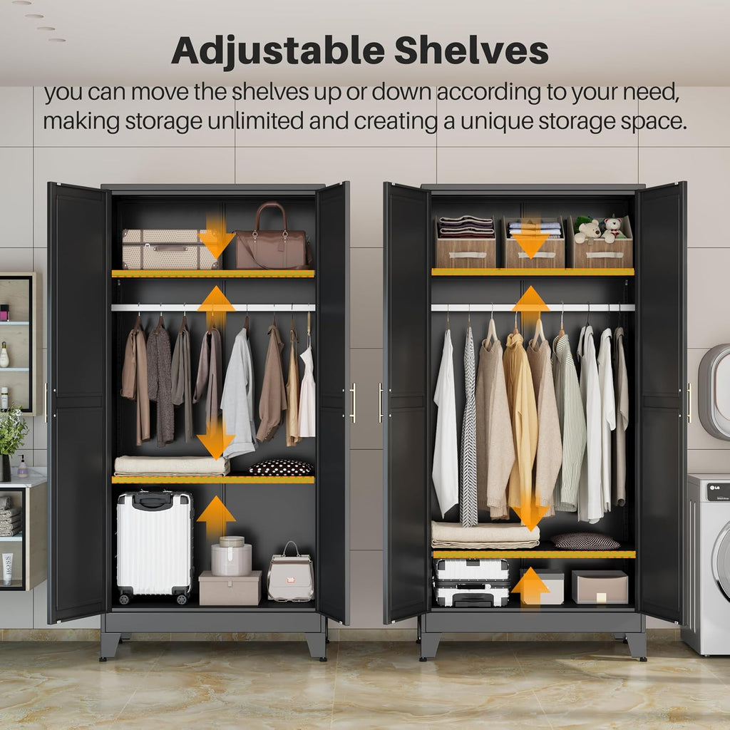 Black 2-Mirror Door Metal Wardrobe Closet