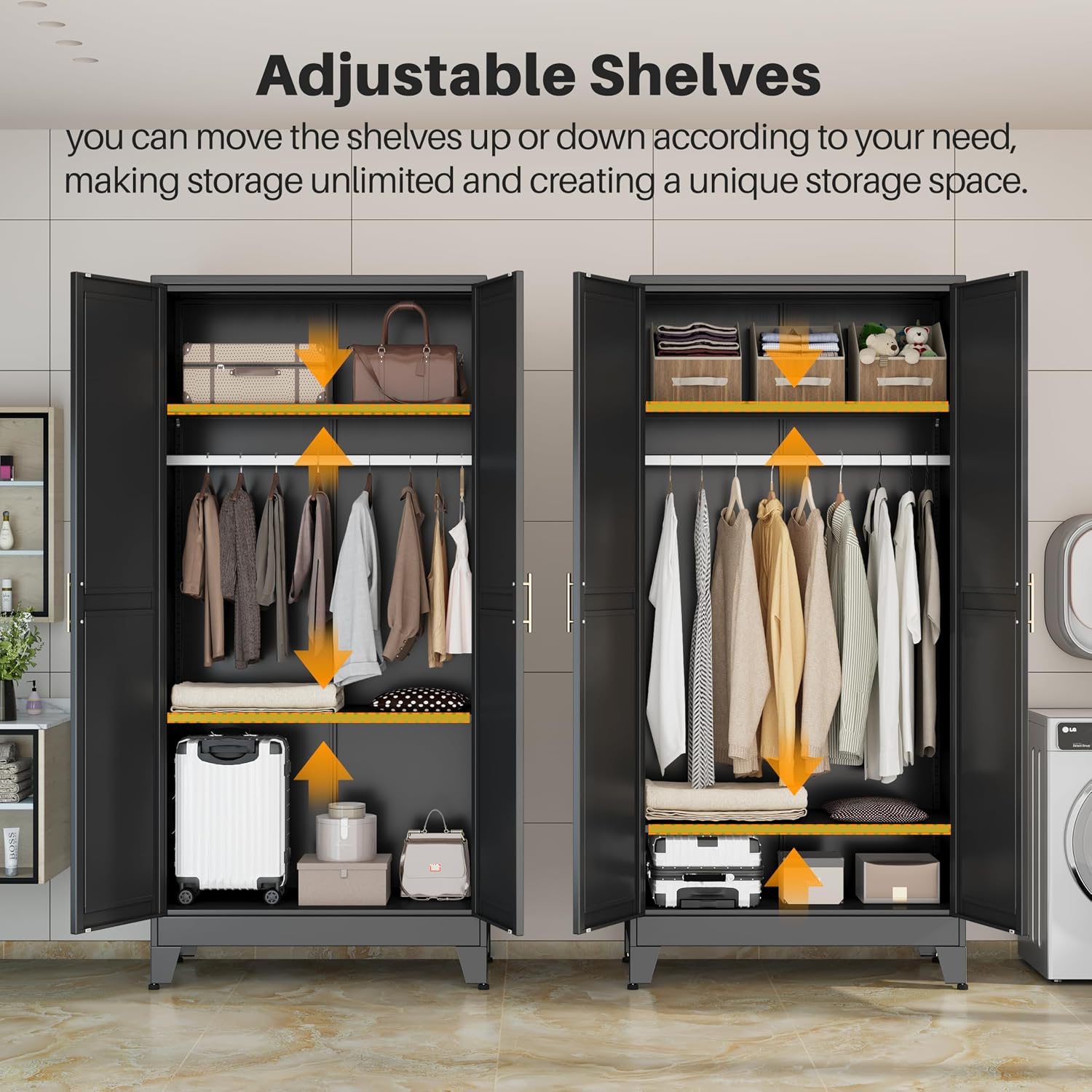 Black 2-Mirror Door Metal Wardrobe Closet