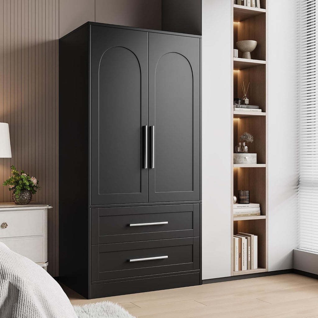 Black Wooden Wardrobe with Drawers & Aluminum Rod