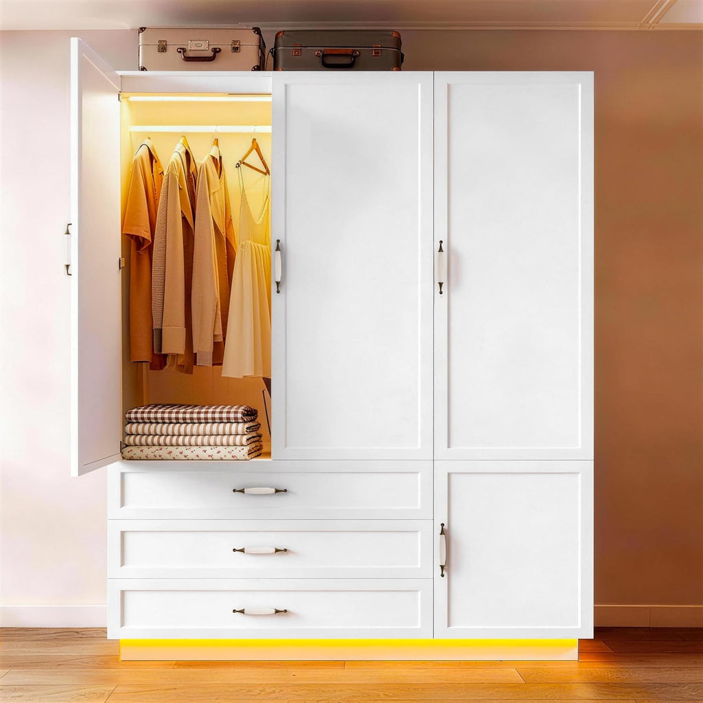 White LED 3-Door Wardrobe with Drawers & Rod