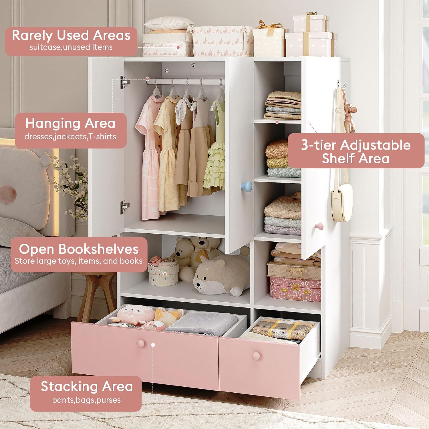White 3-Door Wooden Wardrobe with Drawers & Rod