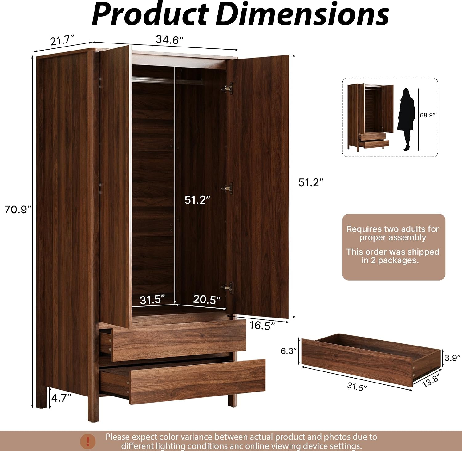 Walnut 2-Door Wardrobe with Drawers Hidden Handles