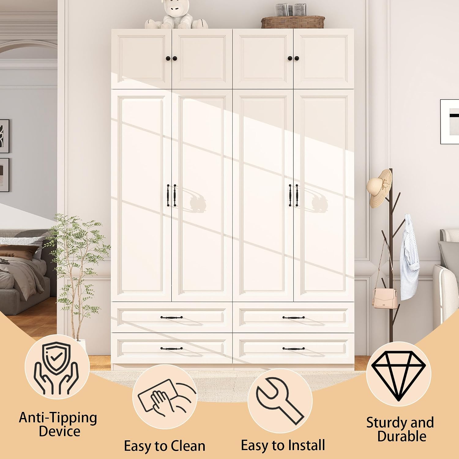 White Tall Wooden Wardrobe Closet with Drawers