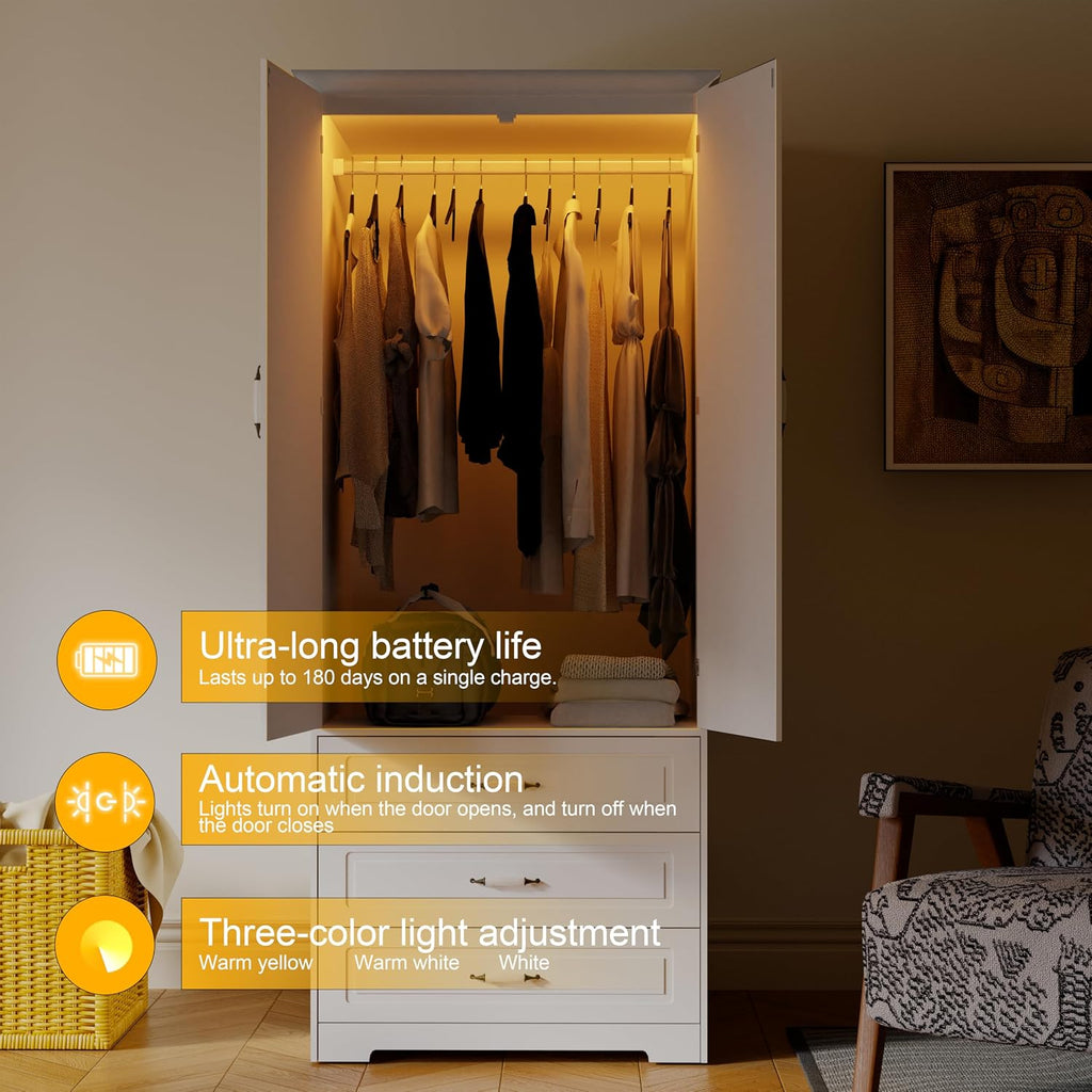 White 2-Door LED Wardrobe with Drawers & Rod
