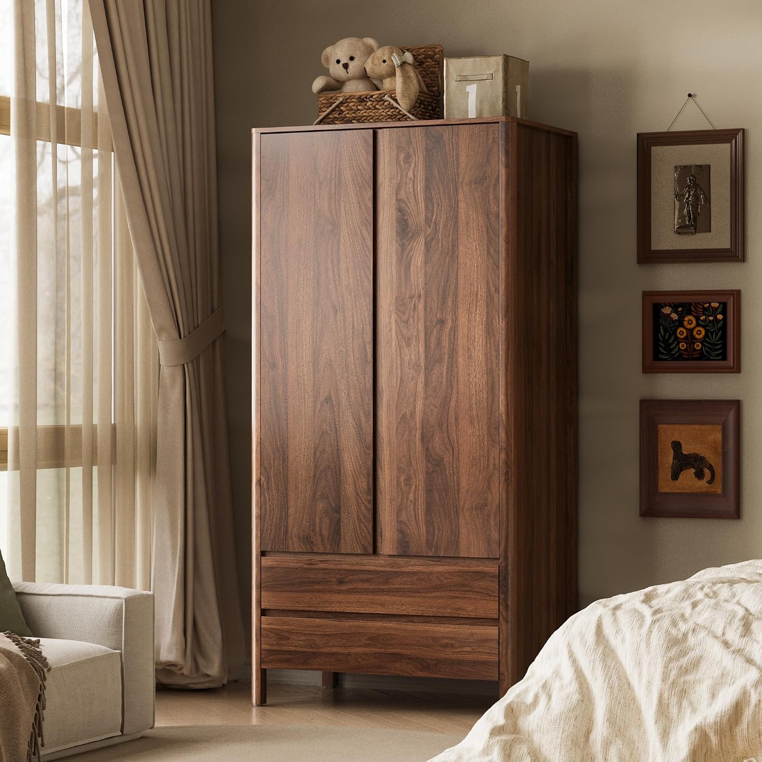 Walnut 2-Door Wardrobe with Drawers Hidden Handles
