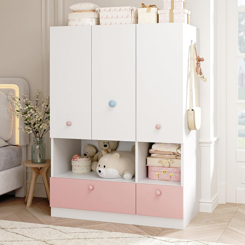 White 3-Door Wooden Wardrobe with Drawers & Rod