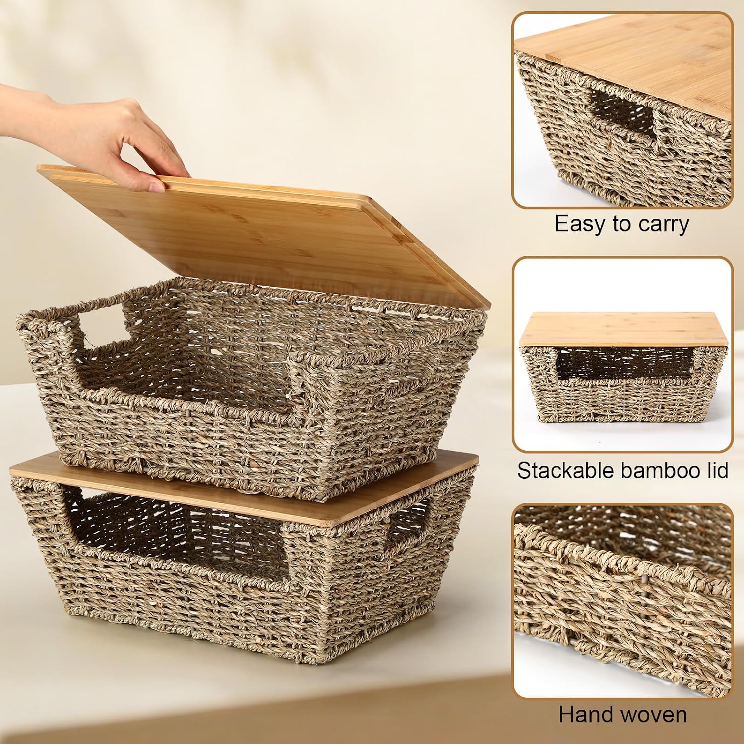 2 Pack Lidded Seagrass Storage Baskets
