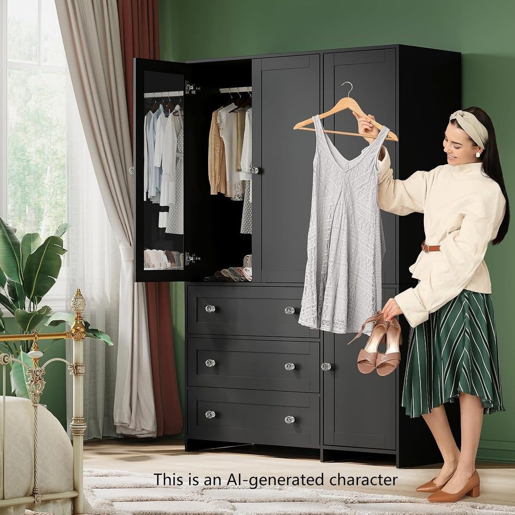 4-Door Mirror Wardrobe Closet with Drawers