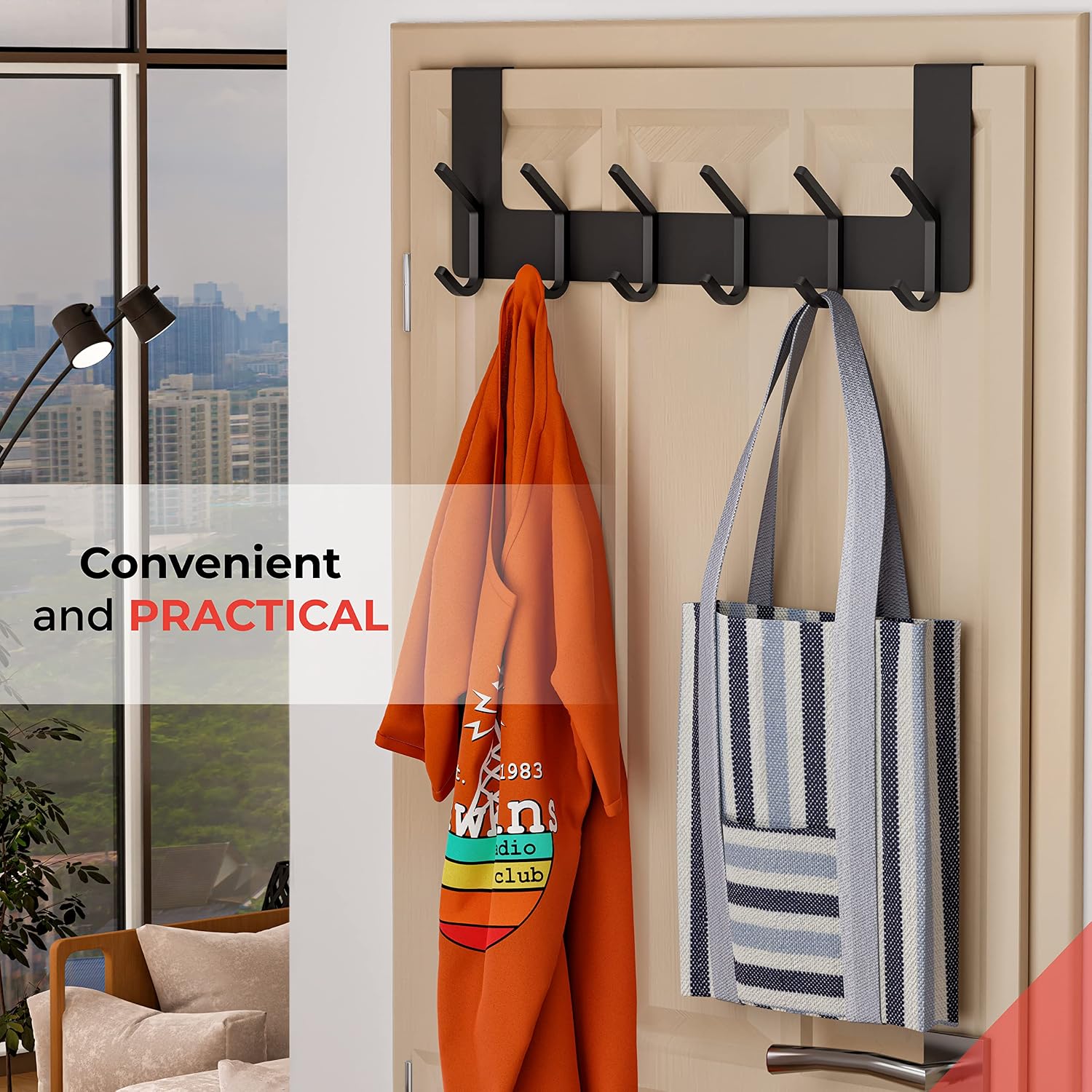 6 Double Hooks Black Door Hanger 2 Pack
